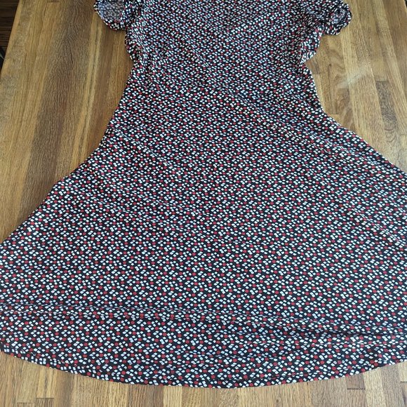 Women's Large Red, White, and Blue Block Print Flirty Dress Gathered Sleeves - Picture 6 of 7